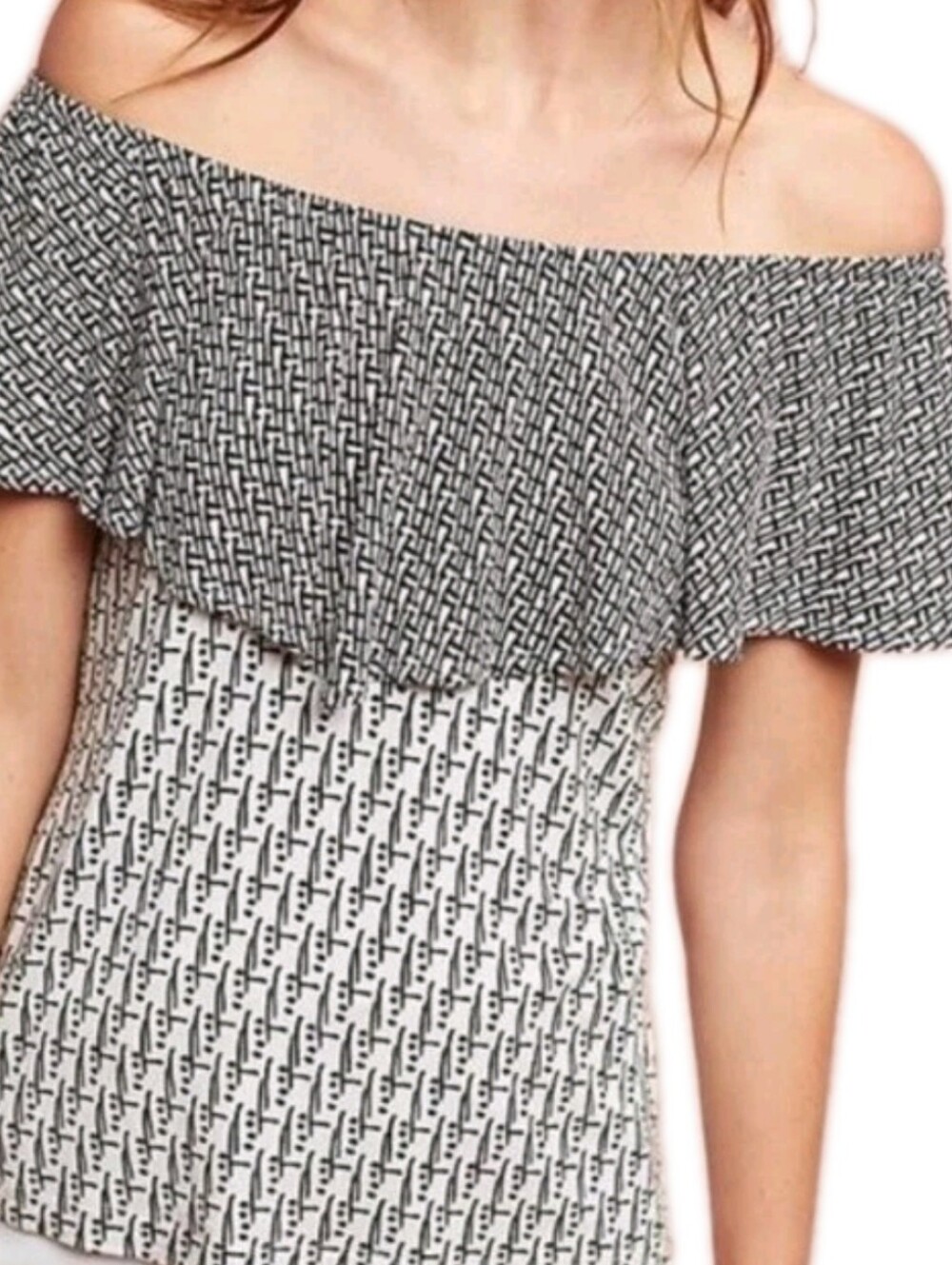 Nwt $58 Anthropologie Black & Cream Postage Stamp On & Off Shoulder Top Sz M